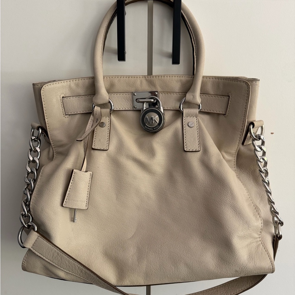 Michael Kors Cream Soft Leather Hamilton Tote with Silver Chain Accents